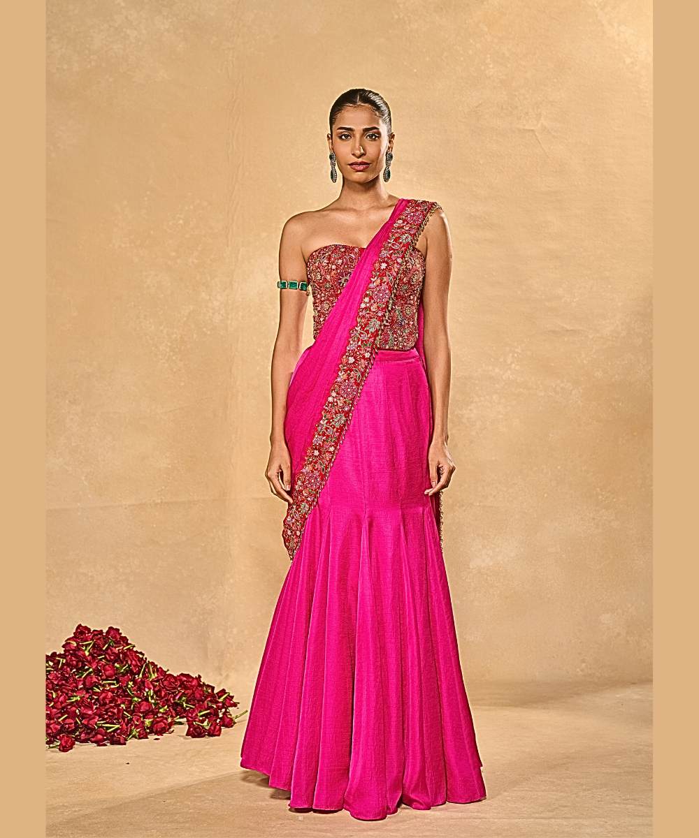 ARYA SAREE - Hot pink soft silk pre-draped saree paired with a red raw silk corset -  Leher by Chamee and Palak