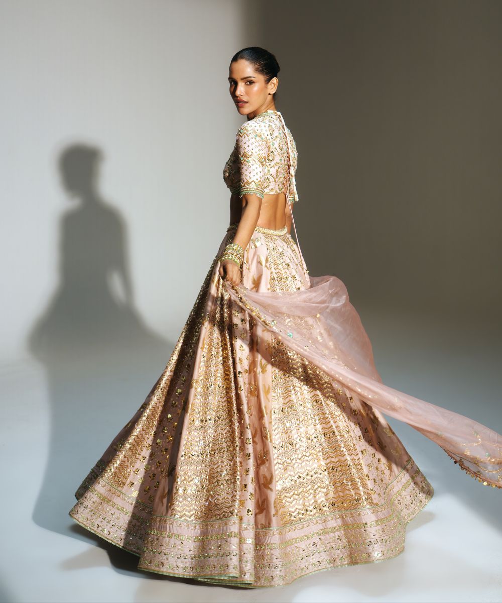 FARIHA - HEAVY HAND EMBROIDERED BLUSH PINK KALI LEHENGA PAIRED WITH OUR SIGNATURE BLOUSE AND MATCHING DUPATTA -