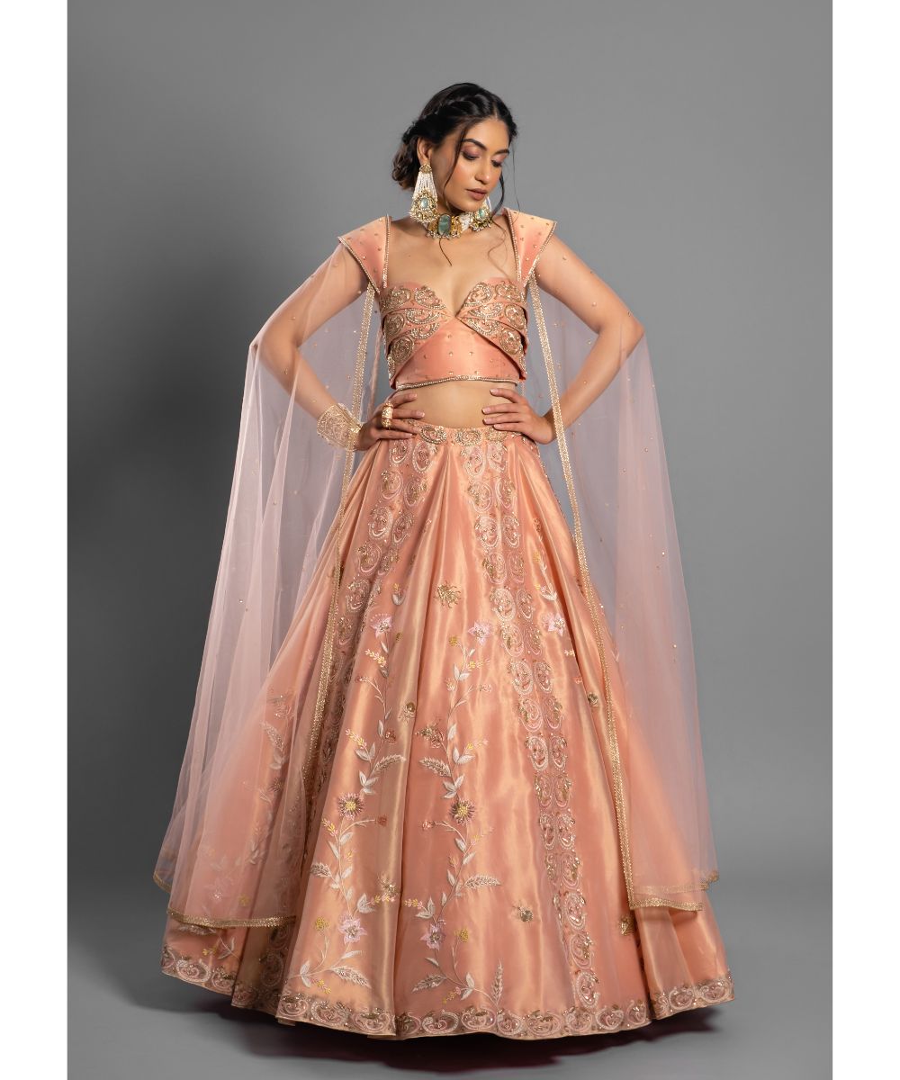 Aastha Sood - Peach tissue Lehenga with a Draped Blouse