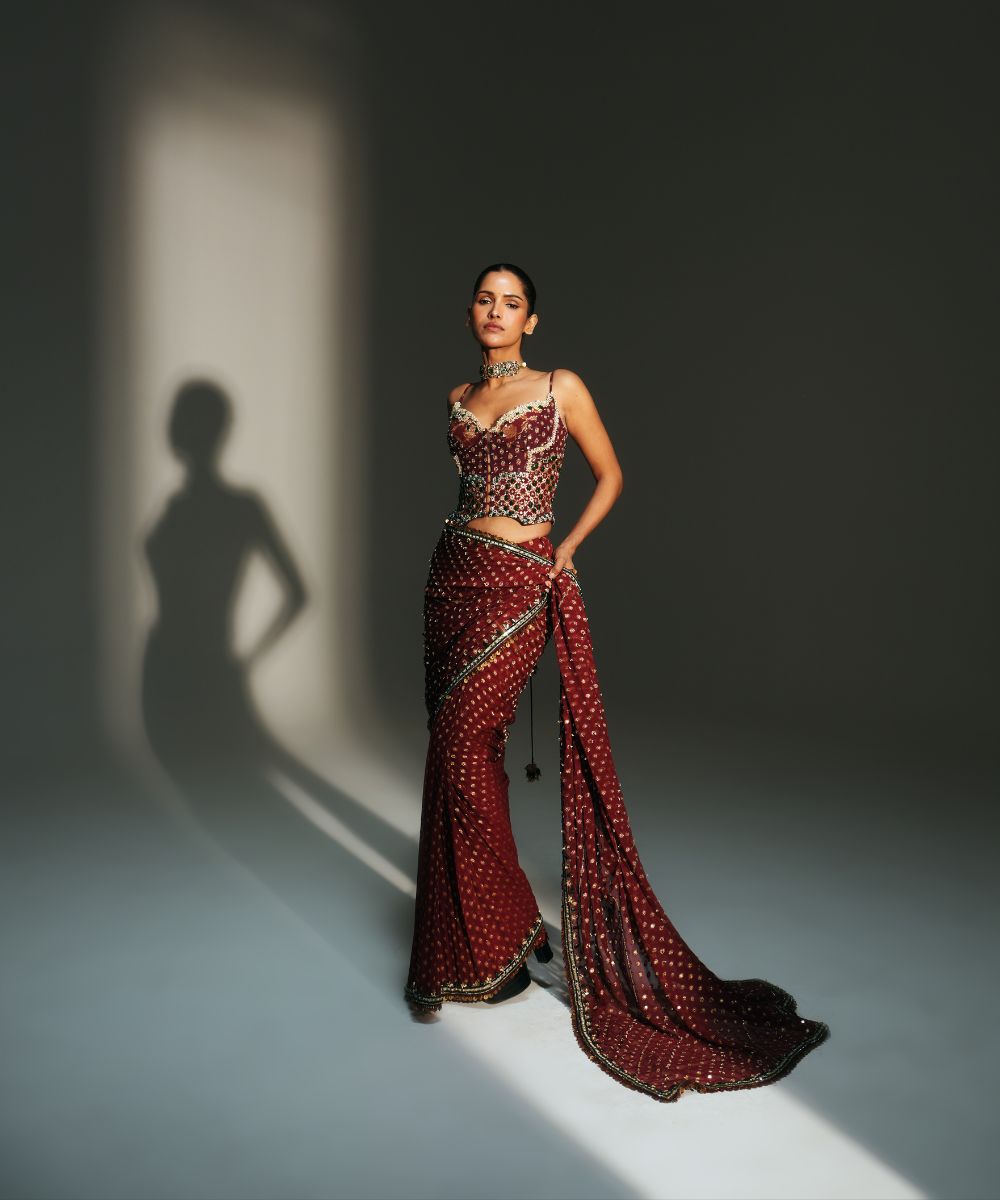 YAMINI - PREDRAPED SAREE PAIRED WITH EMBROIDERED CORSET - Mehfil by Mahima Mahajan