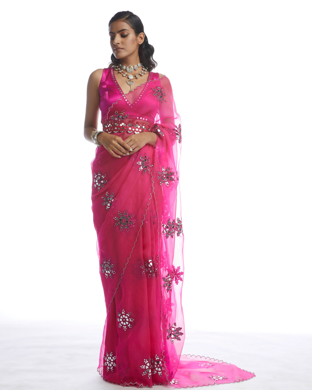 Vvani Vats -  Peacock Pink Mirror Cutwork Saree from Chamak