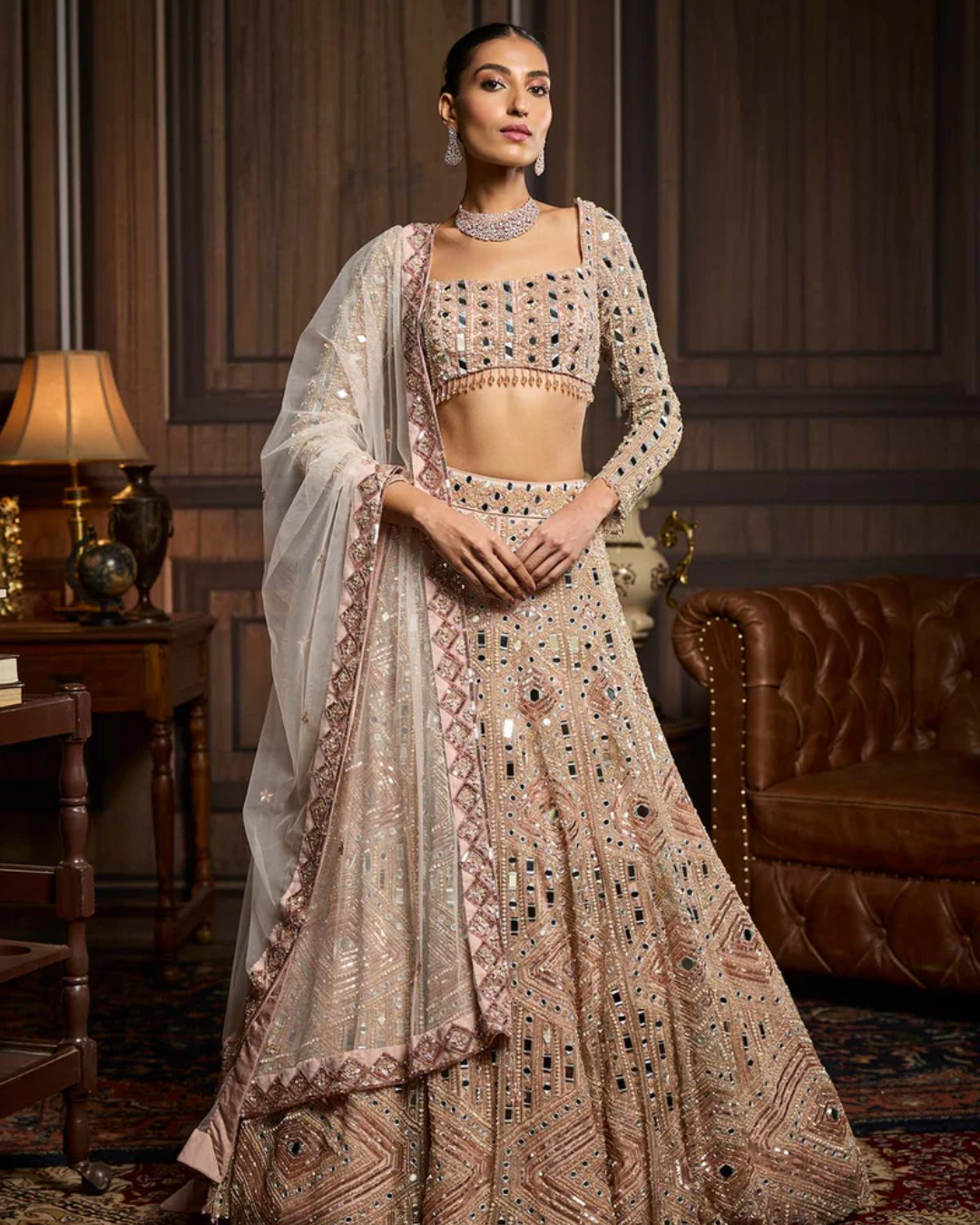 Diya Rajvvir - Blush Pink Embellished Mirrorwork Lehenga Set from Taara