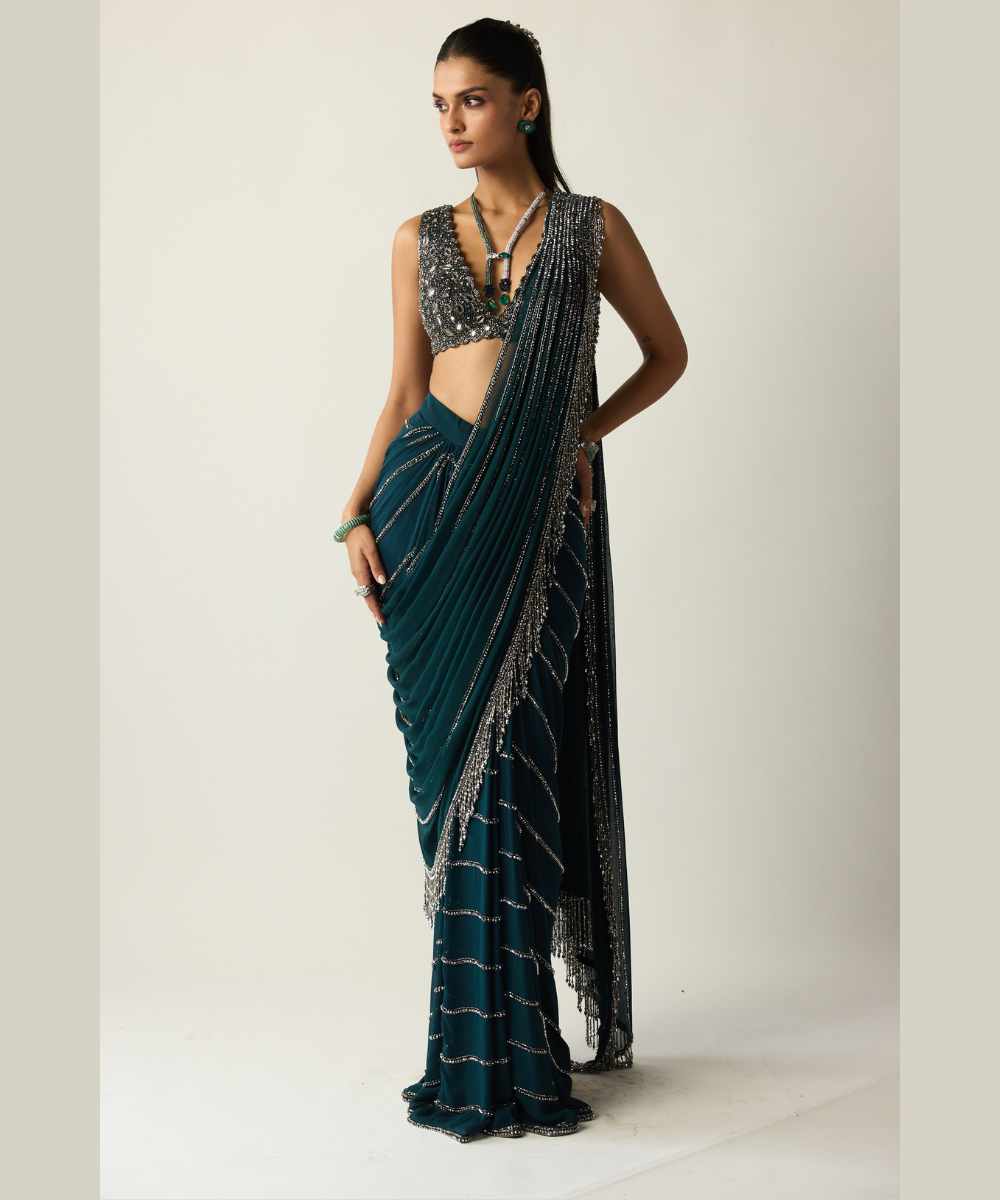 Dark Teal Linear Draped Saree