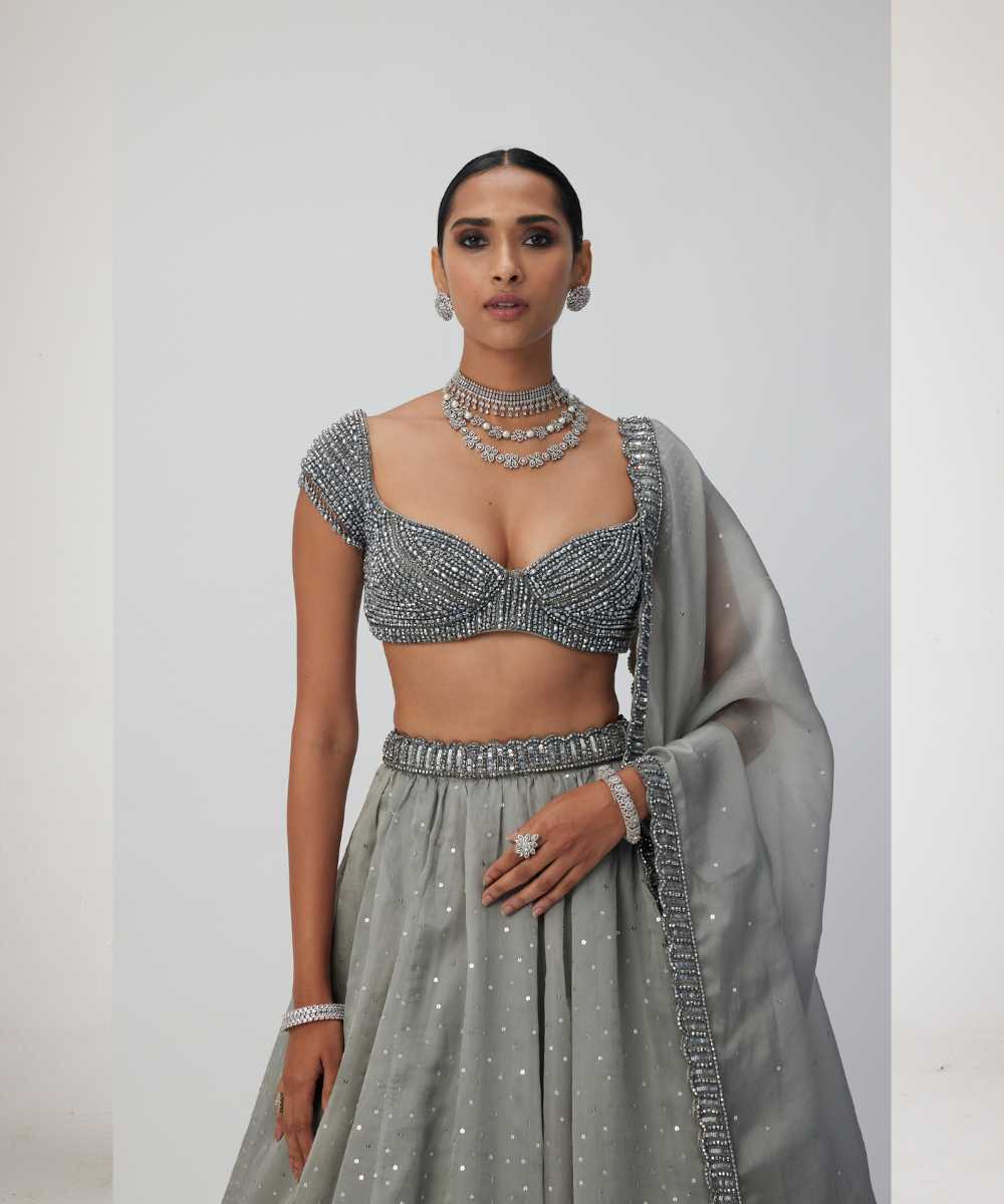Crystal Grey Sequins Scattered Organza Lehenga Set - Collection name Maya by Vvani Vats
