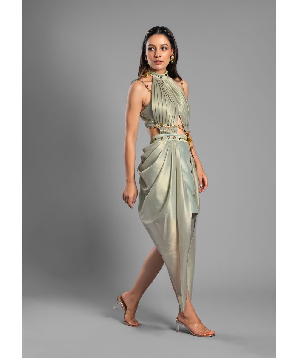 Light green Brocade Dress, Gold handwork Belt