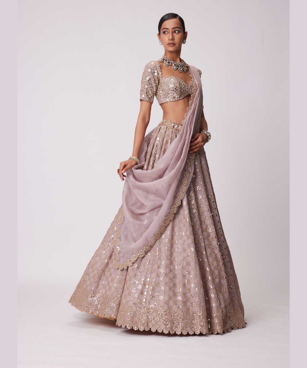 ASH PINK MIRROR FLOWER EMBROIDERED LEHENGA SET - Collection name Jugmug Bride by Vvani Vats