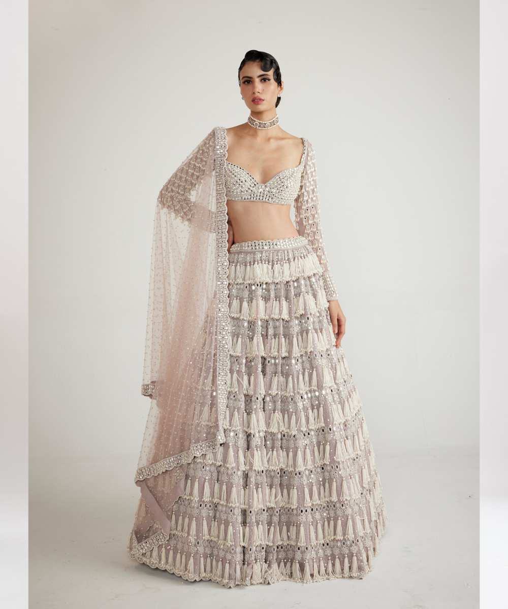 Ash Pink Chandelier Pearl Drop Full Sleeve Lehenga Set - Collection name Piroi by Vvani vats