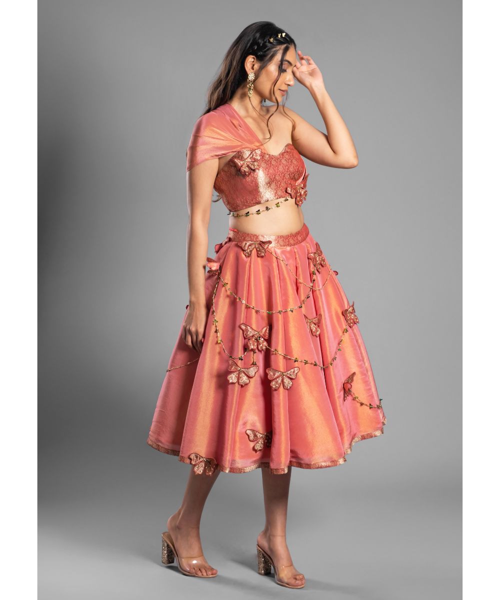 Aastha Sood - Crimson Red tissue Brocade Blouse complementing Tissue Skirt
