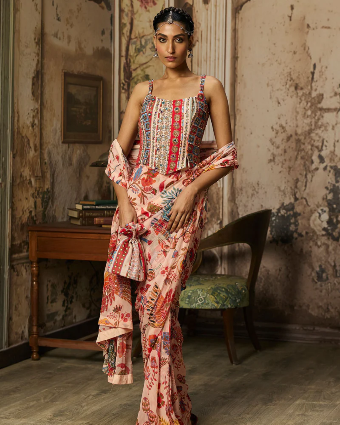 Diya Rajvvir - Blush Pink Printed And Highlighted Classic Saree Set from Bahaar