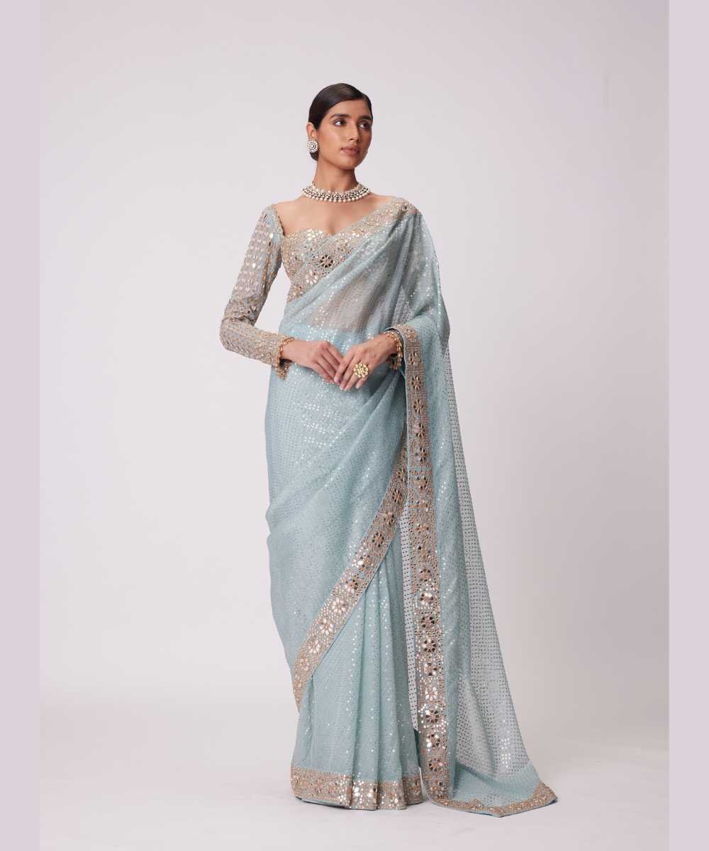 POWDER BLUE ORGANZA SAREE SET - Collection name Jugmug Bride by Vvani Vats