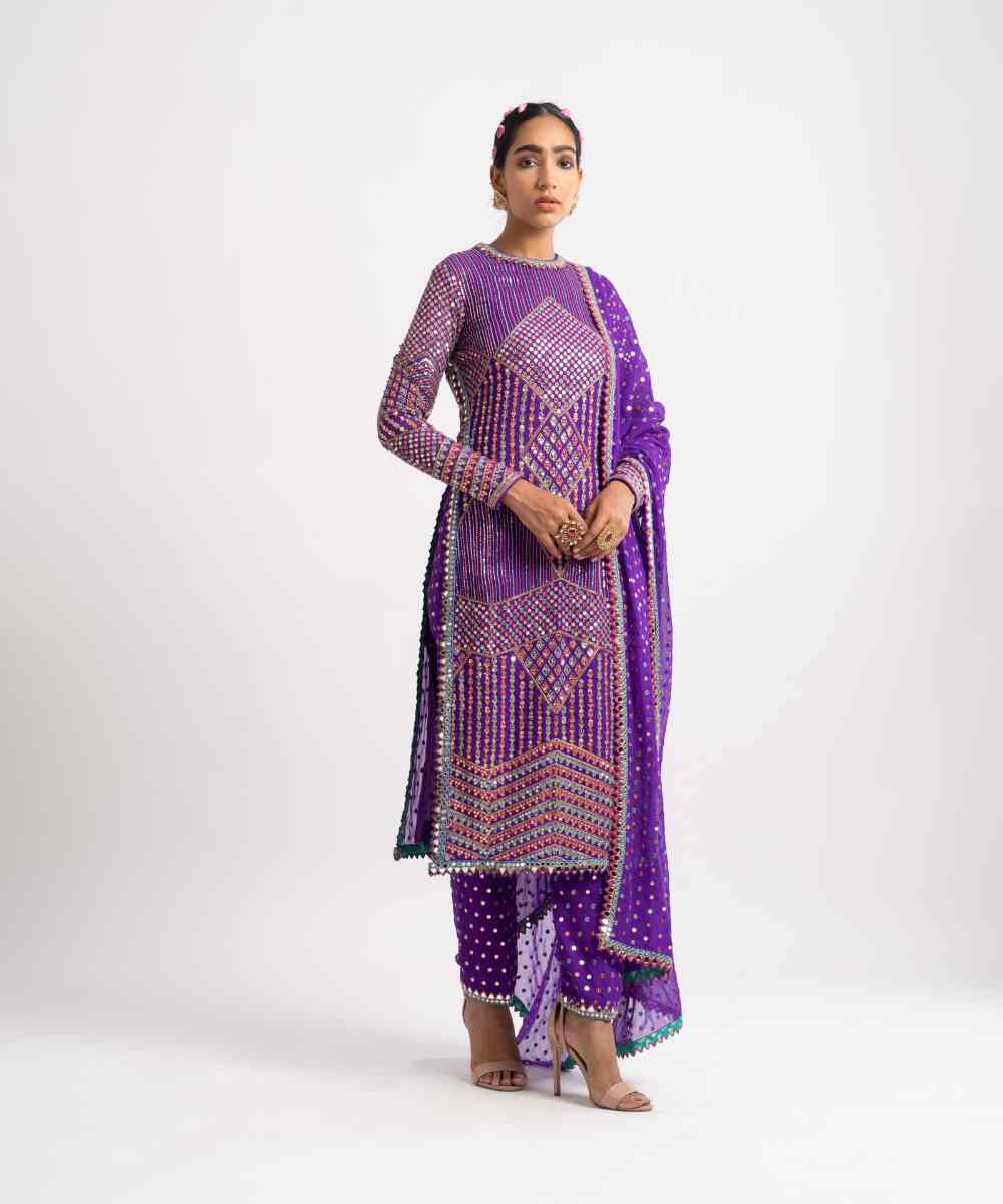 Purple Multi Embroidery Round Neck Kurta Set - Collection name Rang by Vvani vats