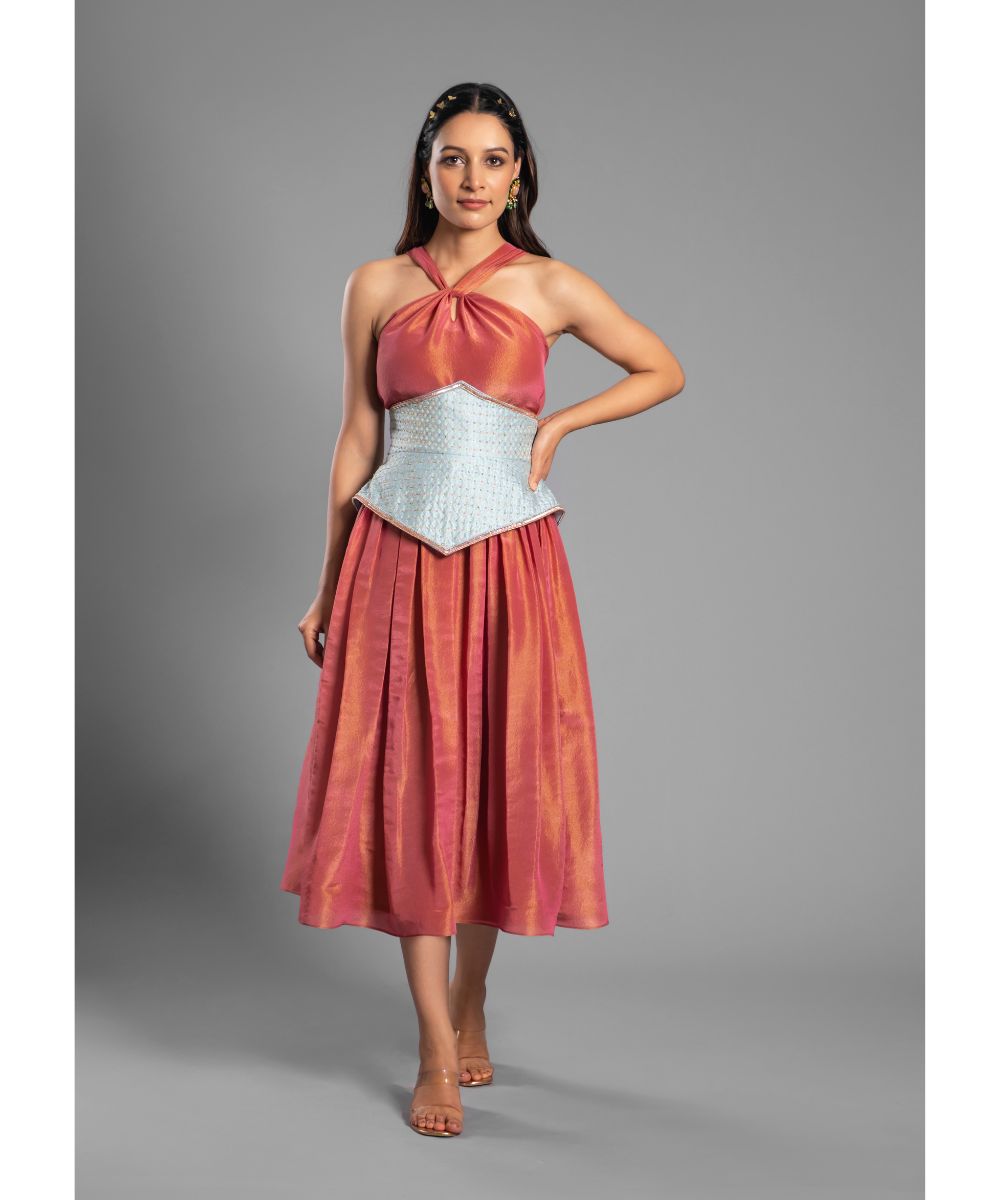 Aastha Sood - Crimson Red tissue Calf Length Dress with a Halter Neckline