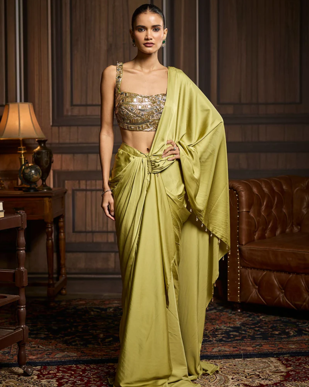 Diya Rajvvir - Pear Green Embroidered Blouse And Pre Draped Saree Set from Taara