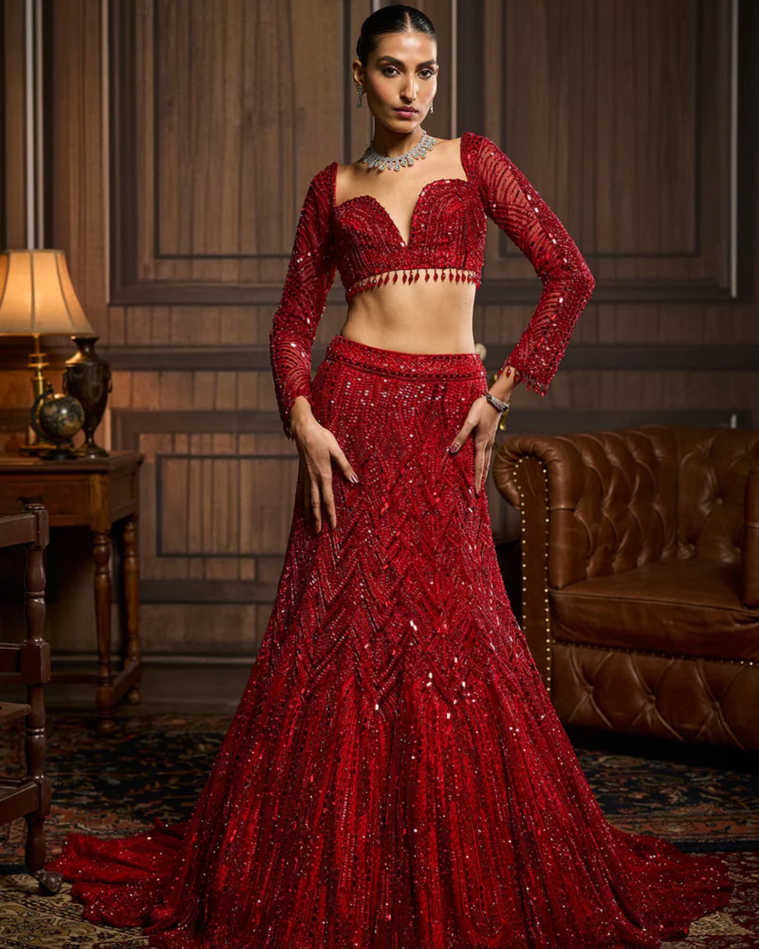 Diya Rajvvir - Vermillion Red Embroidered Mermaid Skirt Set from Taara