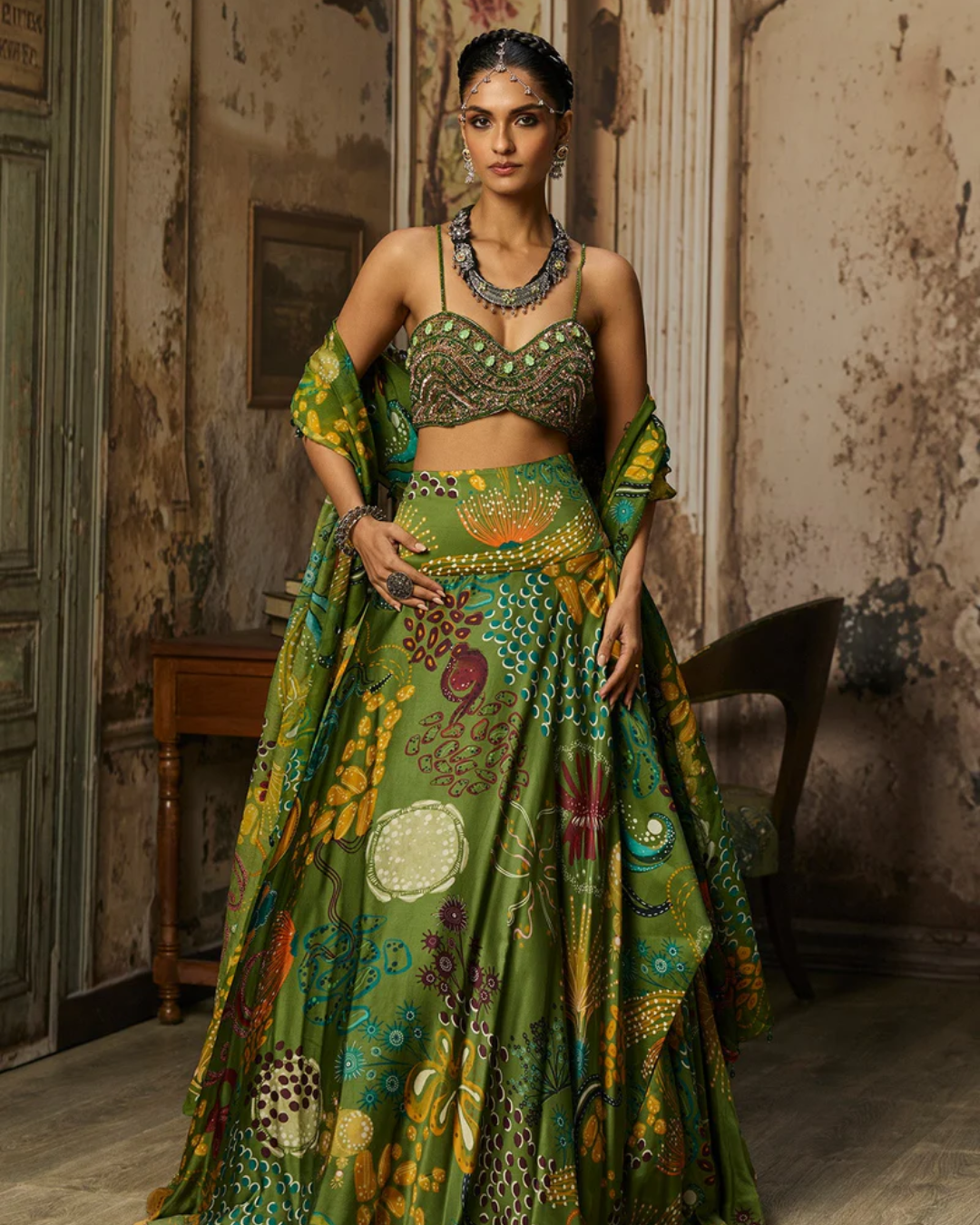 Diya Rajvvir - Pear Green Embroidered Blouse And Cowl Skirt Set from Bahaar