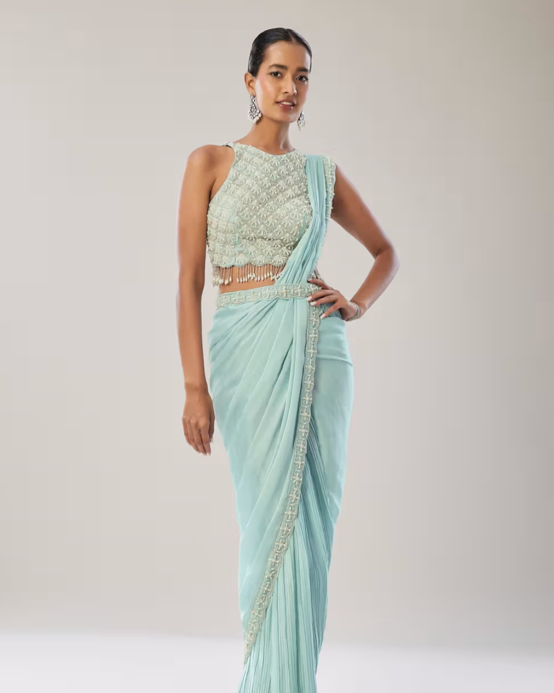 Kalki - Sky Blue Ready Pleated Saree With Belt