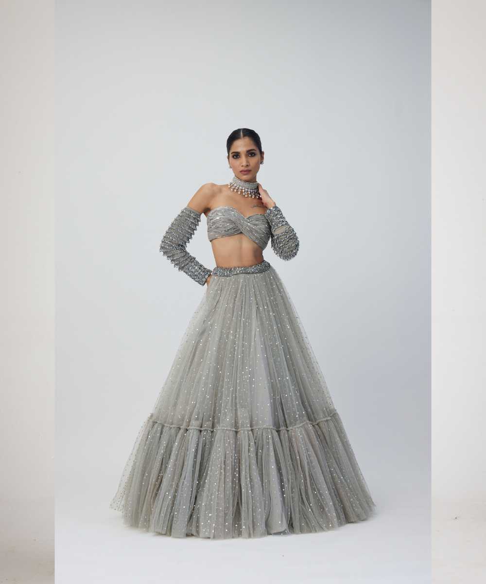 Crystal Grey Tulle Lehenga Set -  Collection name Maya by Vvani Vats