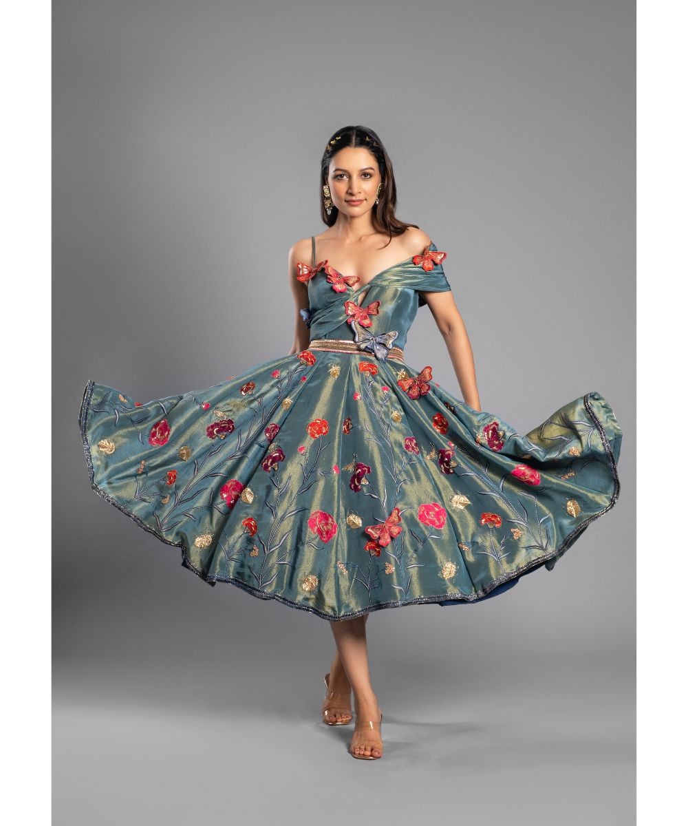 Aastha Sood - Forest Green tissue Calf length Indo-Western Dress