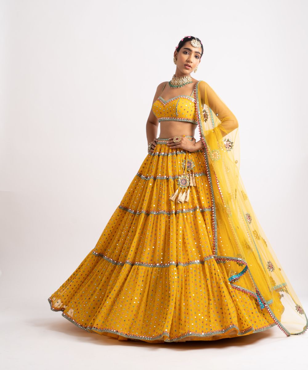 Yellow Noodle Strap Multi Tier Lehenga Set - Collection name Rang by Vvani vats