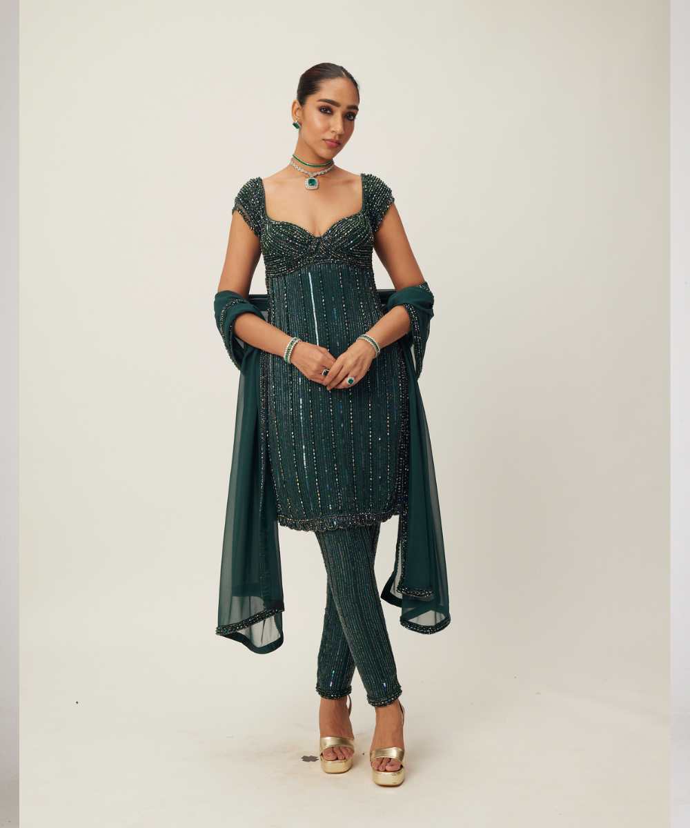 Dark Jade Green crystal Embellished Kurta Set - Collection name Maya by Vvani Vats