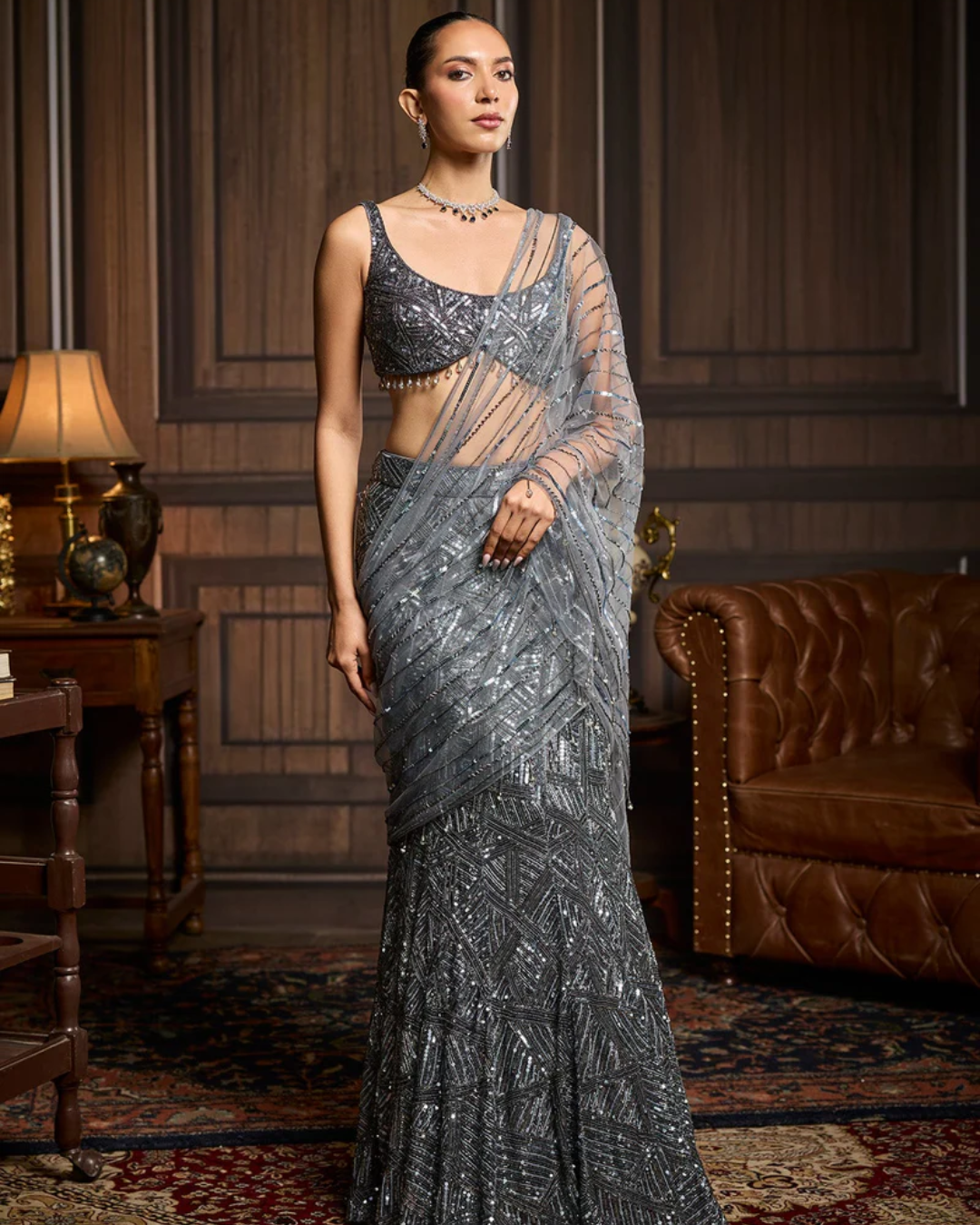 Diya Rajvvir - Silver Embellished Mirrorwork Lehenga Set from Taara