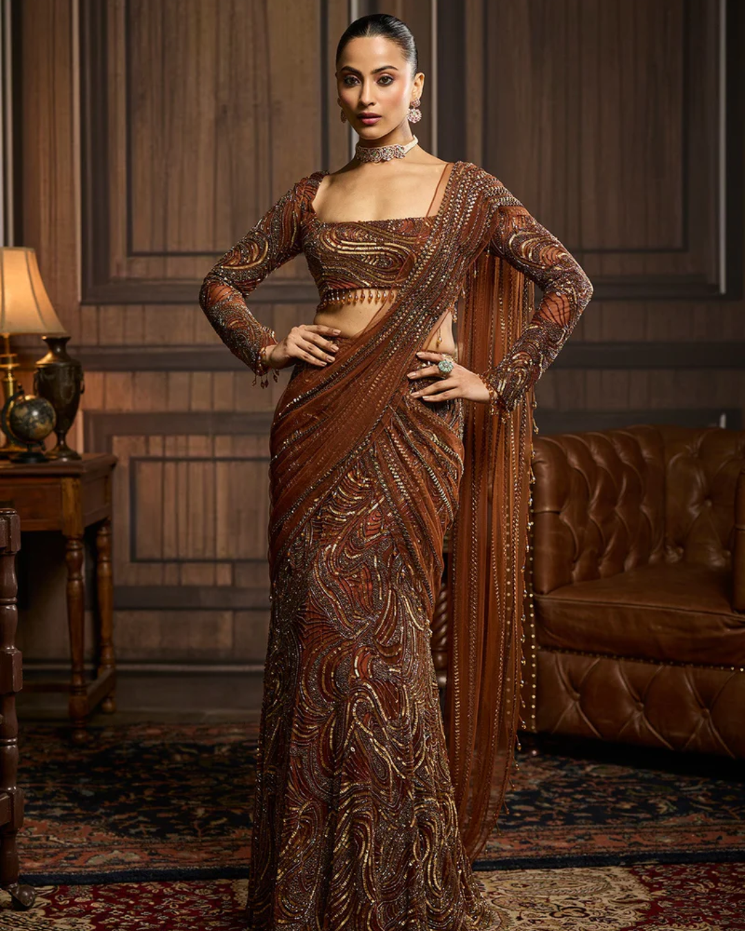 Diya Rajvvir - Metallic Gold Embellished Skirt Saree Set from Taara