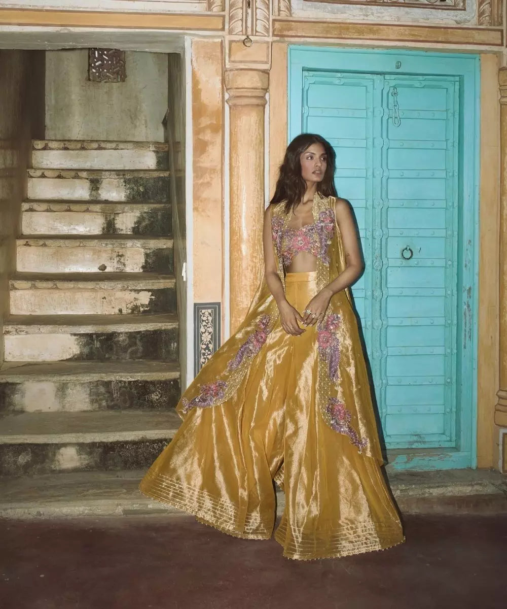 Aditi Gupta - Mustard Yellow pure Zari tissue with Sharara Set with Organza Cape