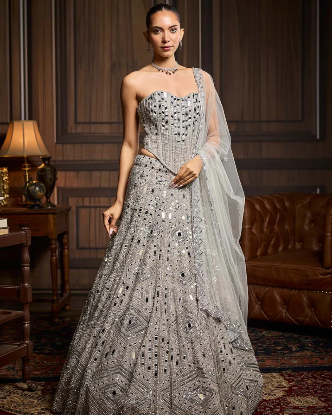 Diya Rajvvir - Silver Embellished Mirrorwork Lehenga Set from Taara