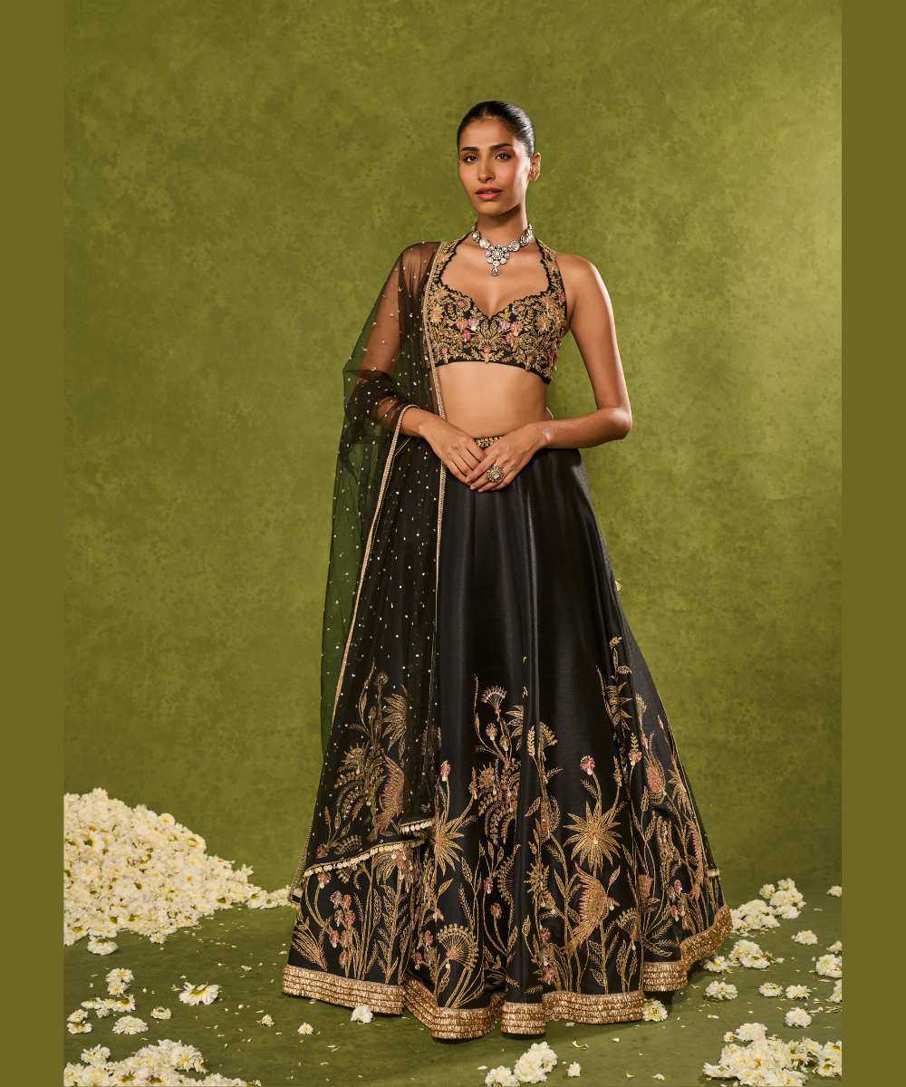 HUDA LEHENGA - Black dupion silk lehenga brought to life with forest-inspired motifs, intricately embroidered in zari, sequence, resham - Leher by Chamee and Palak