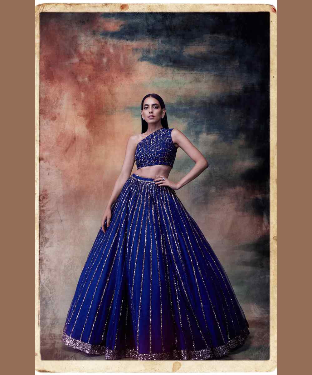 Midnight blue one shoulder crop top skirt set