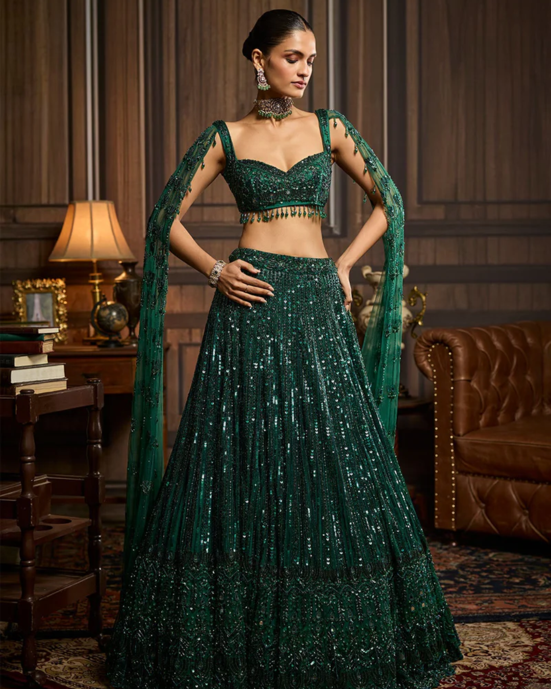 Diya Rajvvir - Emerald Green Embellished Lehenga Set from Taara