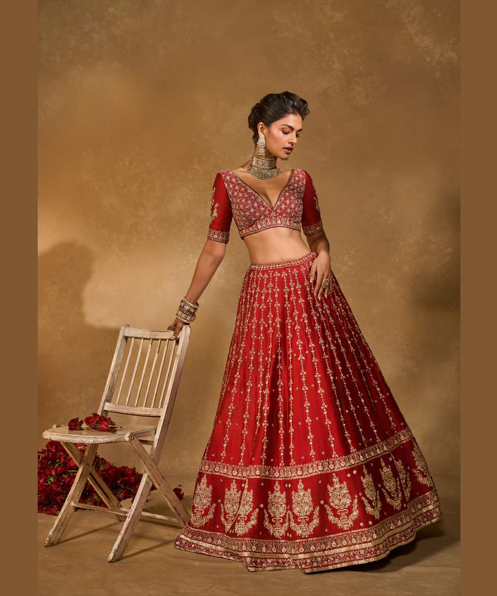MOHINI LEHENGA - Red raw silk zardozi, glassbeads and sequence embroidered lehenga and blouse paired with banarasi dupatta - Leher by Chamee and Palak