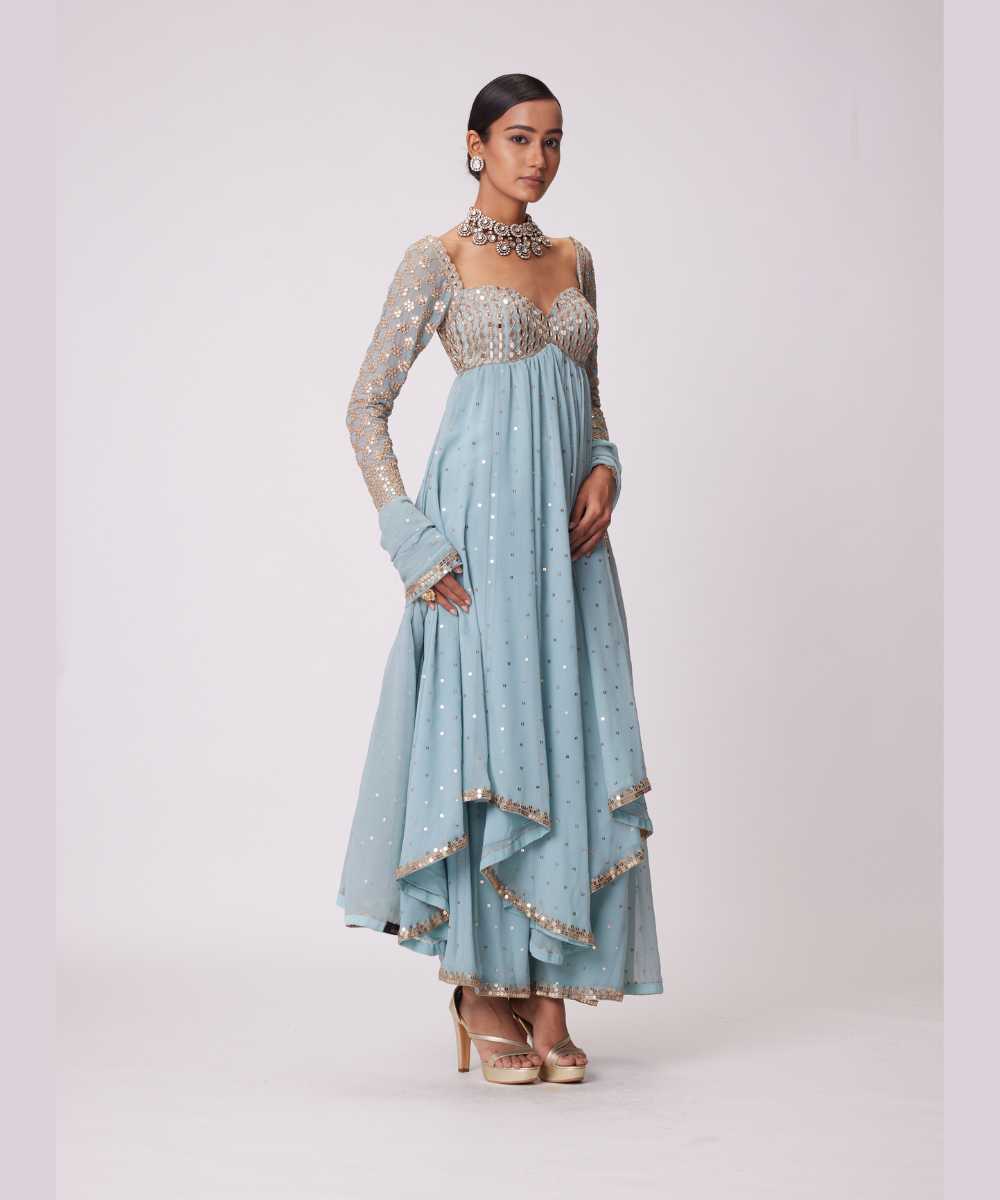POWDER BLUE HIGH LOW KURTA SET - Collection name Jugmug Bride by Vvani Vats