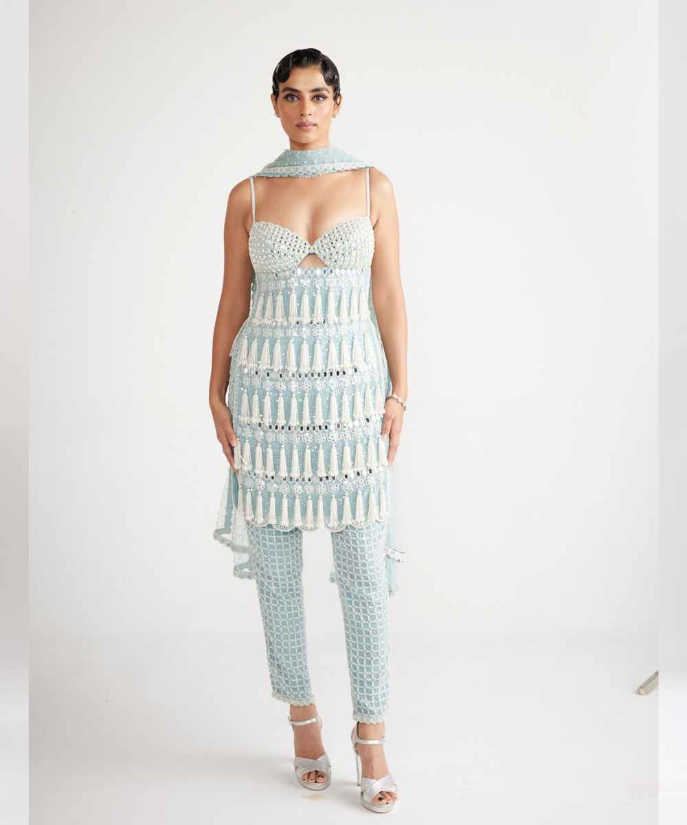 Powder Blue Chandelier Pearl Drop Pant Kurta Set -  Collection name Piroi by Vvani vats
