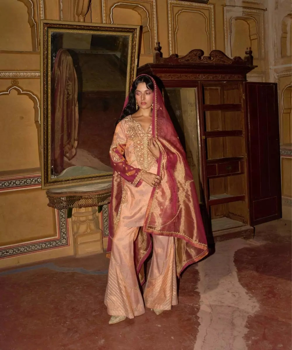 Aditi Gupta - Rose pink short Kurta with Bell Bottom Pants with Hot pink dupatta