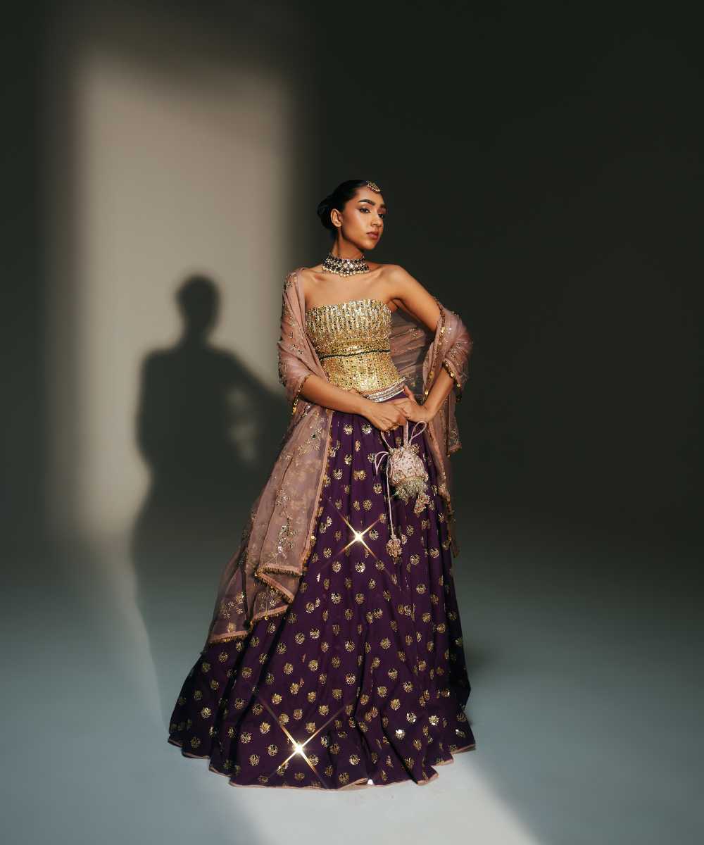 BINDIYA - HAND EMBROIERED BOOTI LEHENGA WITH GOLDEN CORSET AND DUPATTA- Mehfil by Mahima Mahajan