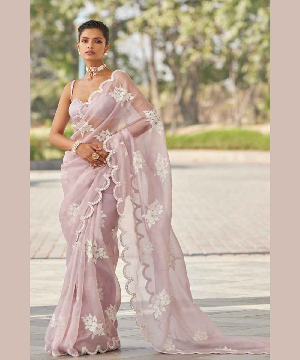 Powder Lilac Flower Saree Set