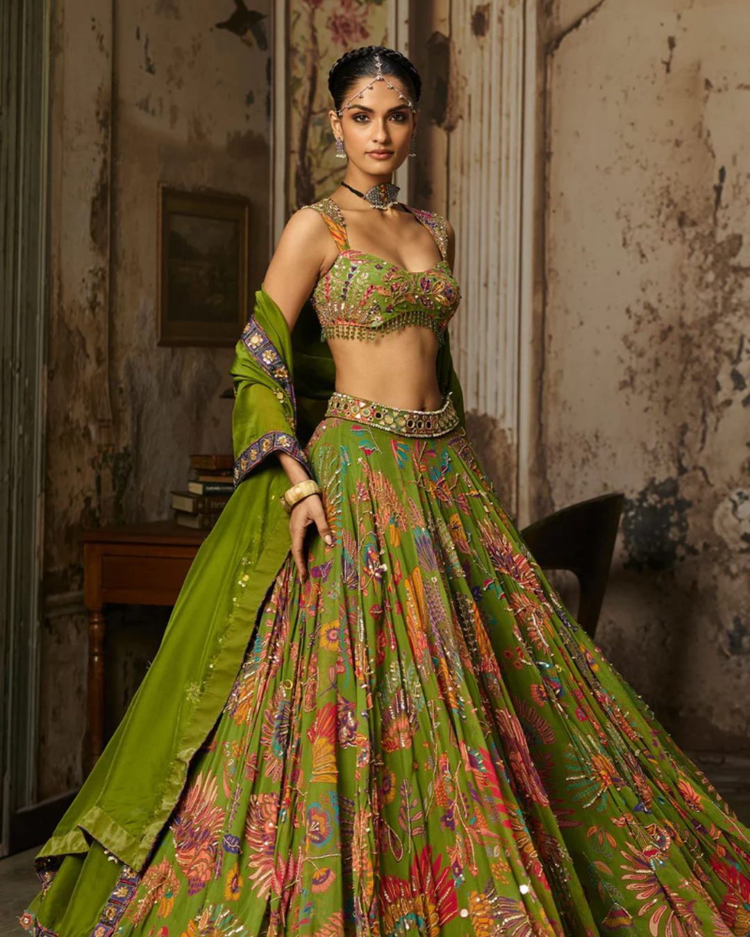 Diya Rajvvir - Pear Green Printed And Highlighted Lehenga Set from Bahaar