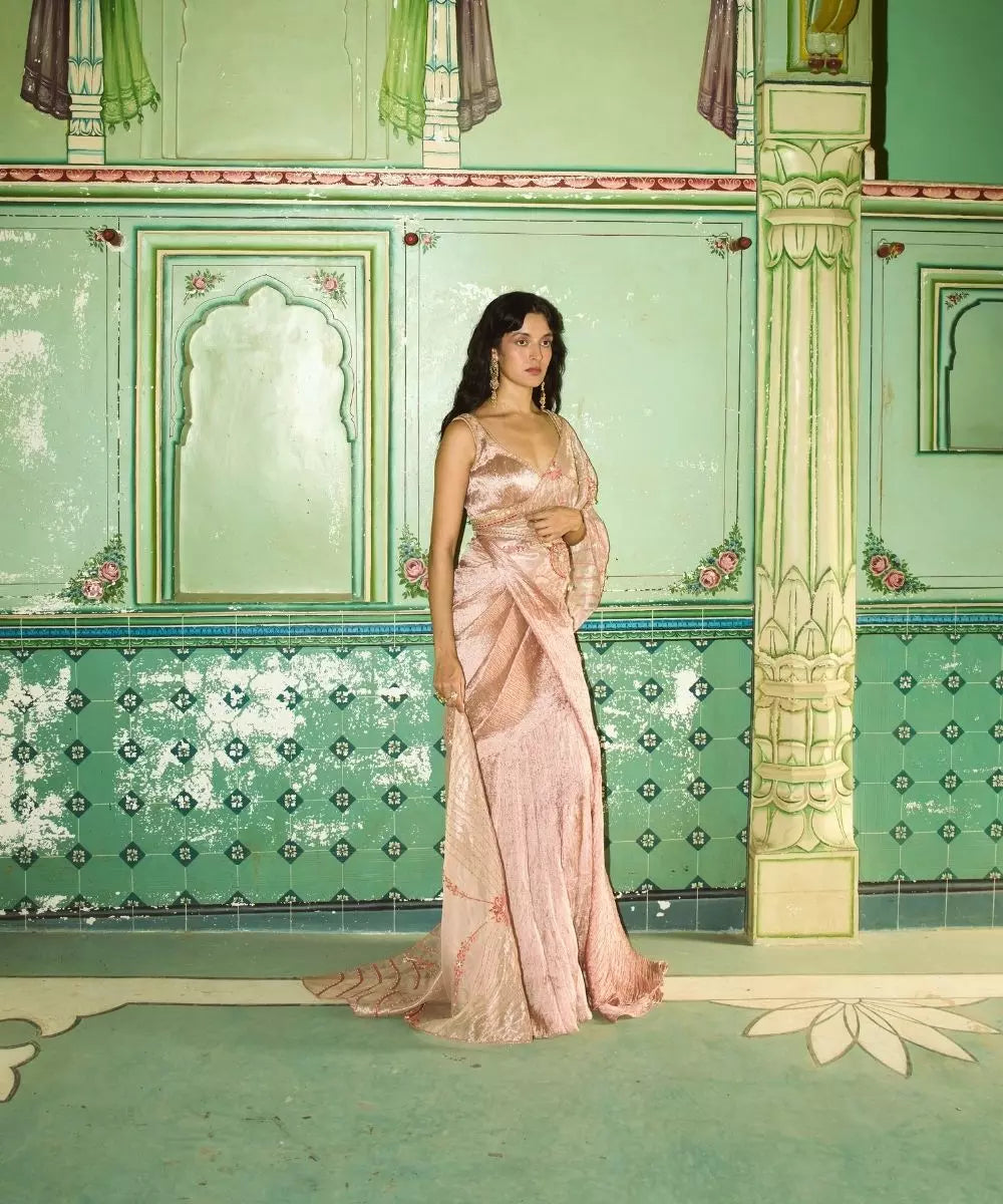 Aditi Gupta - Rose Gold Crushed Silk Saree