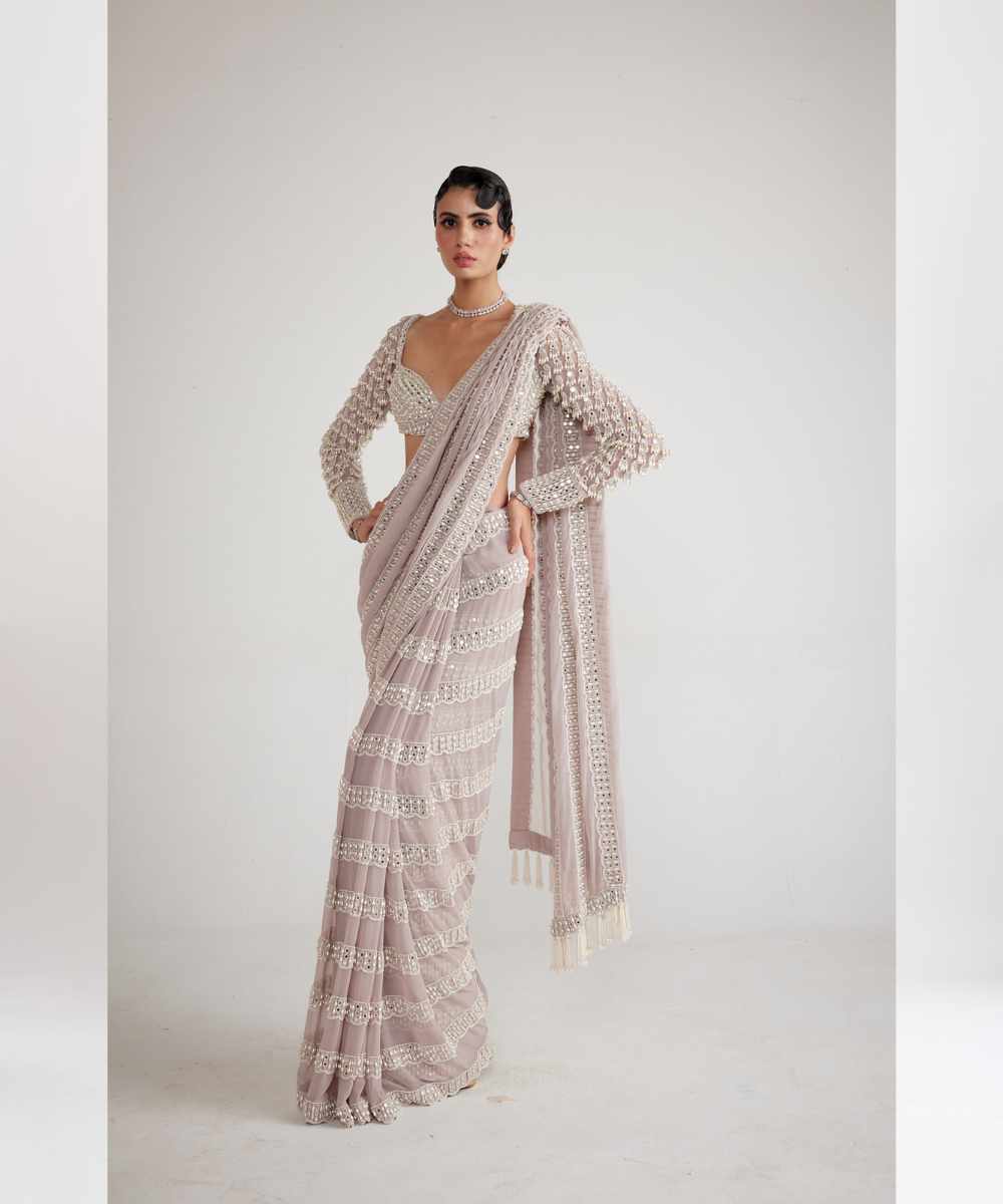 Ash Pink Chandelier Pearl Drop Saree Set - Collection name Piroi by Vvani vats