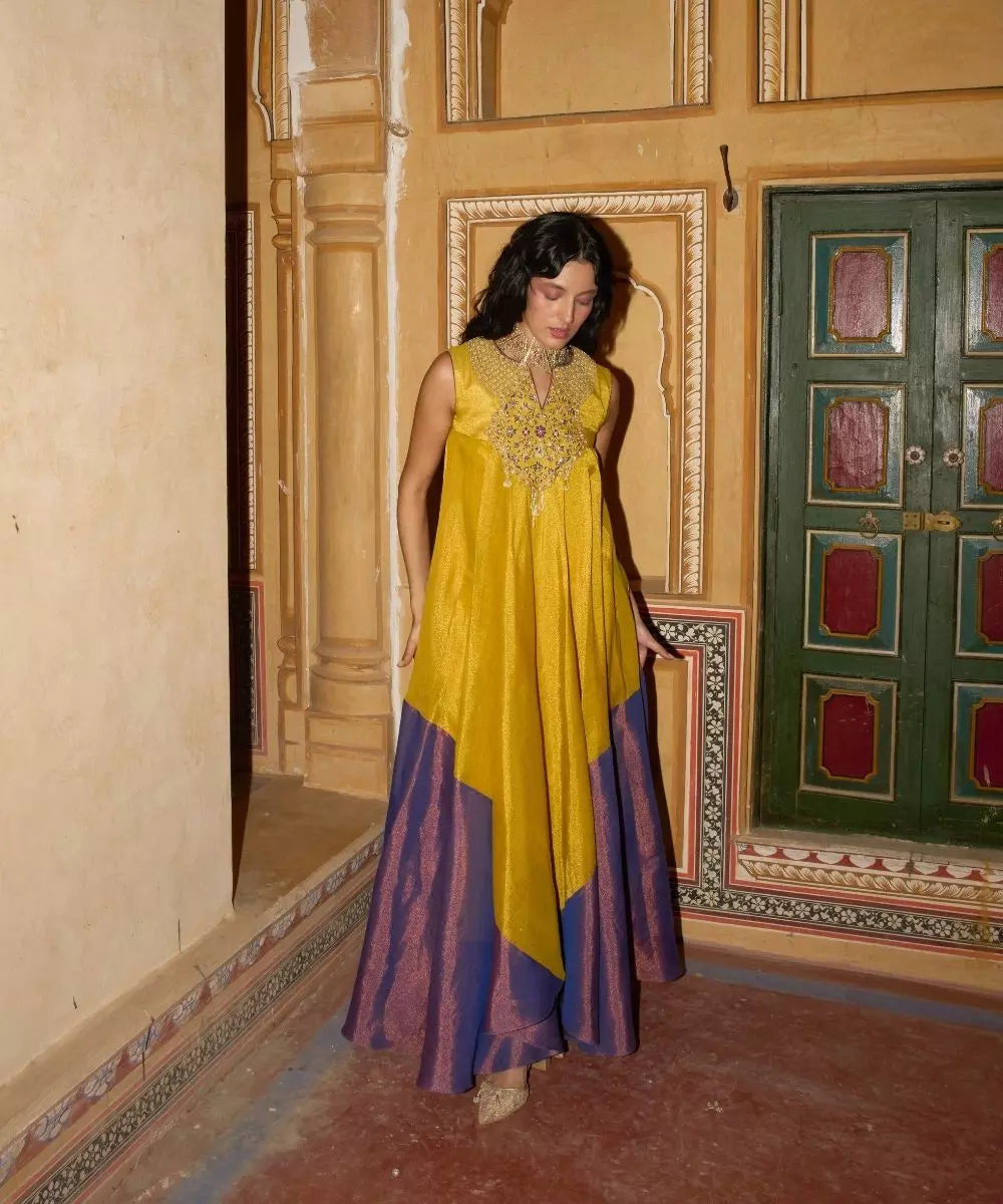 Aditi Gupta - Mustard yellow and purple Choga in cotton tissue