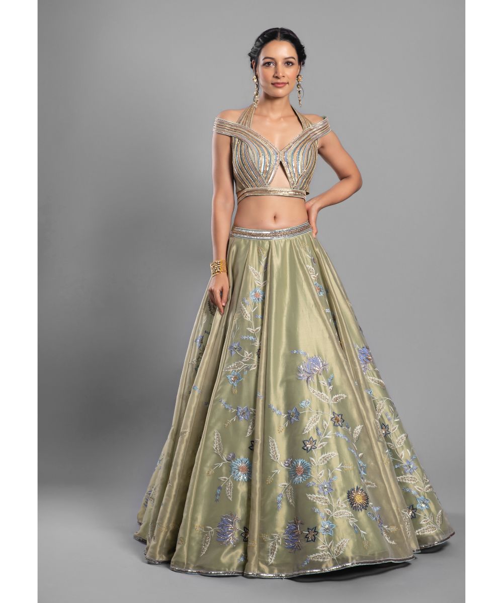 Aastha Sood - Leaf green tissue Lehenga with a Draped Halter Blouse