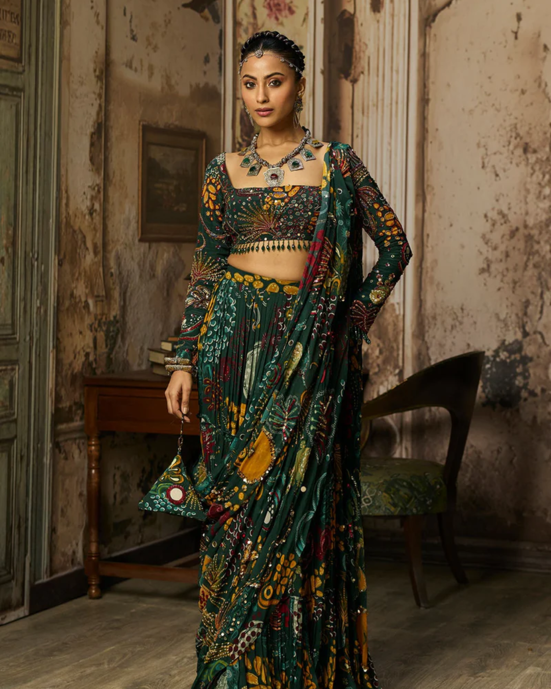 Diya Rajvvir - Dark Green Printed And Highlighted Tiered Skirt Saree Set from Bahaar