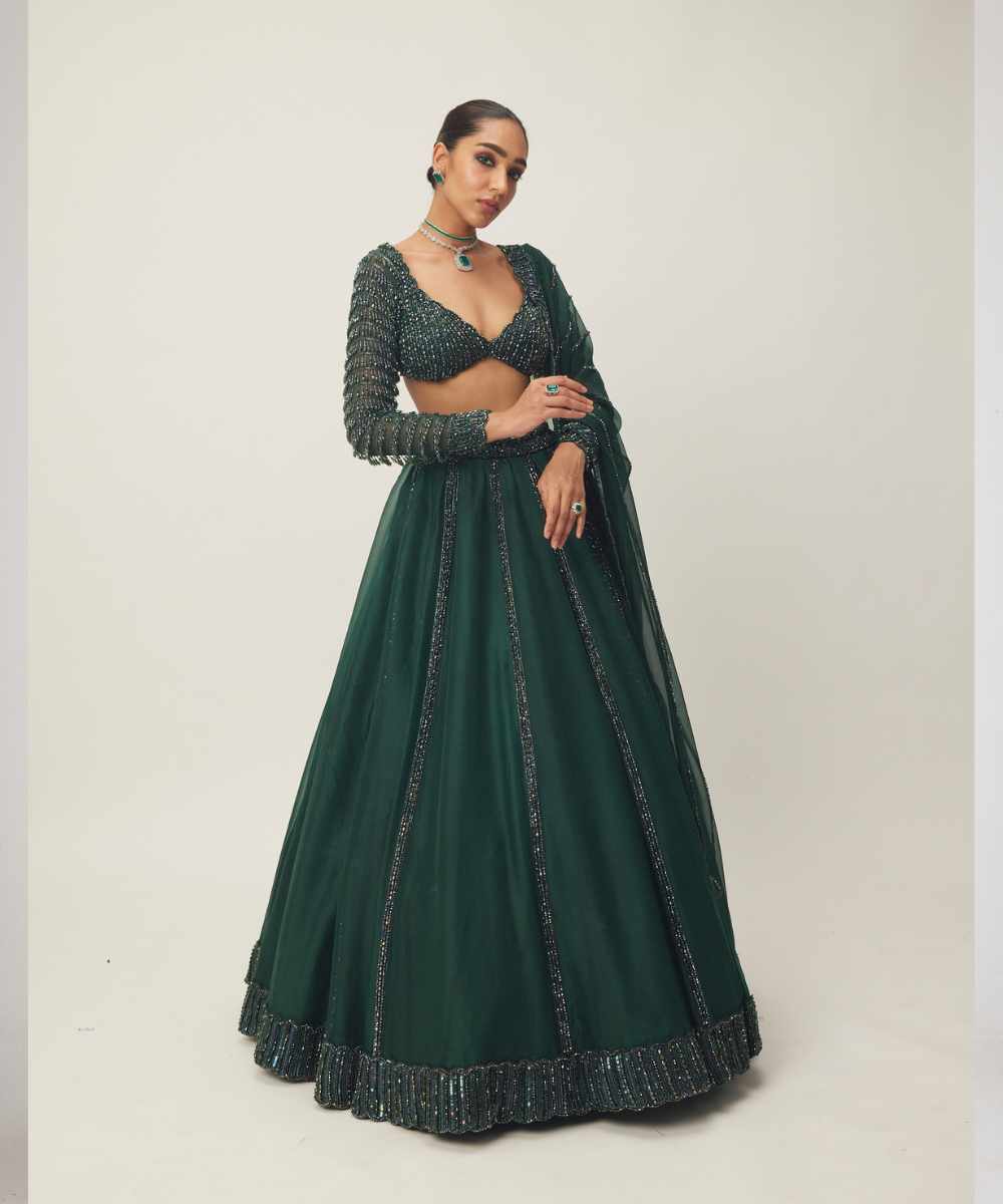 Dark Jade Green Organza Lehenga Set - Collection name Maya by Vvani Vats