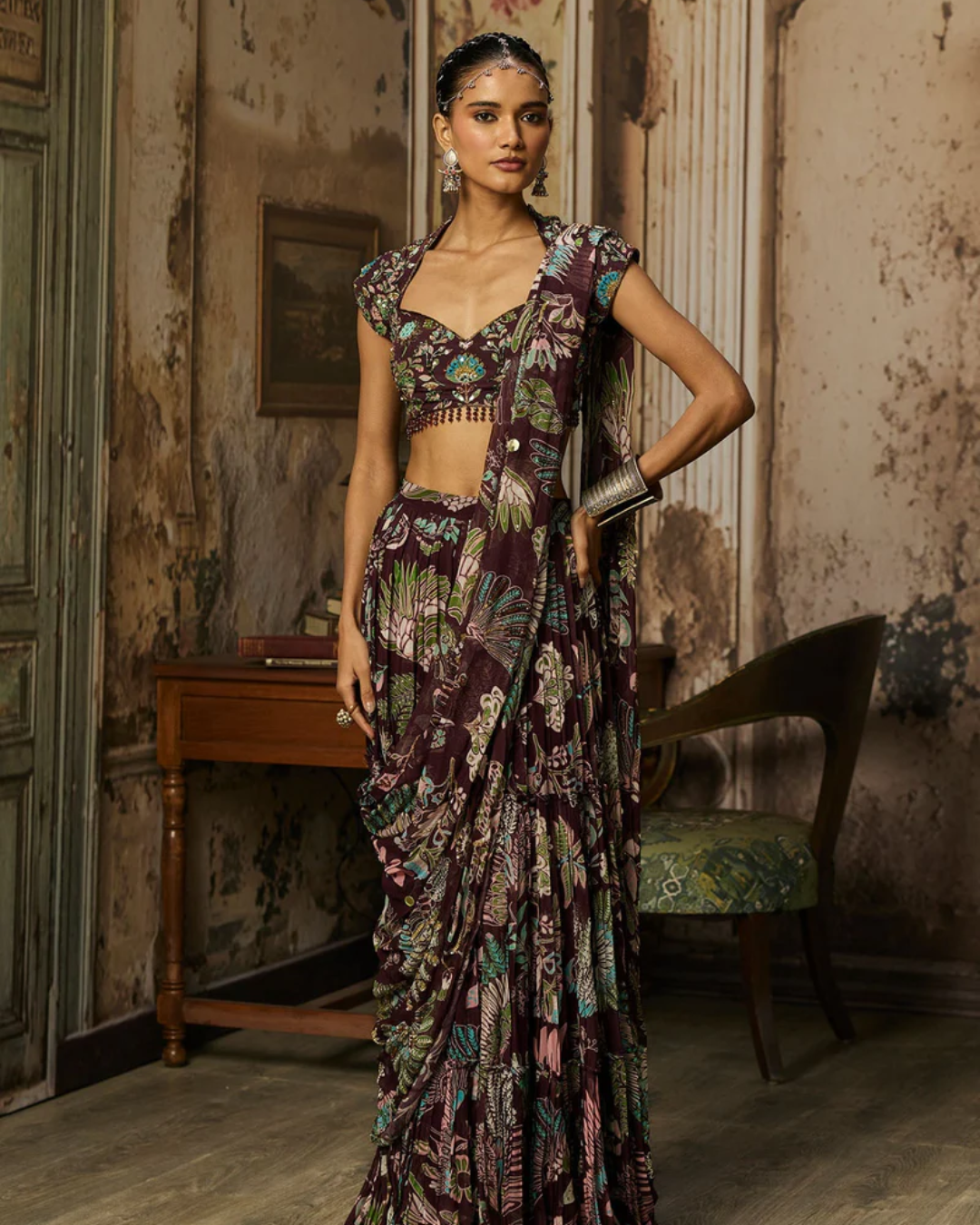 Diya Rajvvir - Plum Print And Highlighted Tiered Skirt Saree Set from Bahaar