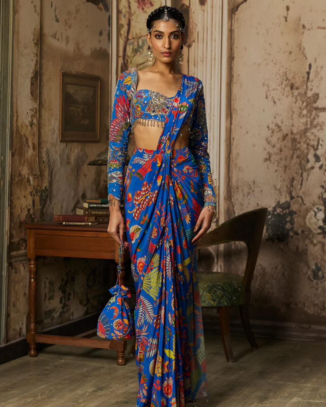 Diya Rajvvir - Electric Blue Printed And Highlighted Dhoti Saree from Bahaar