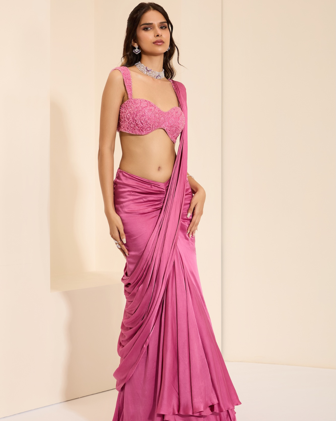 K&A by Karishma and Ashita - Satin Rose Bustier & Drape