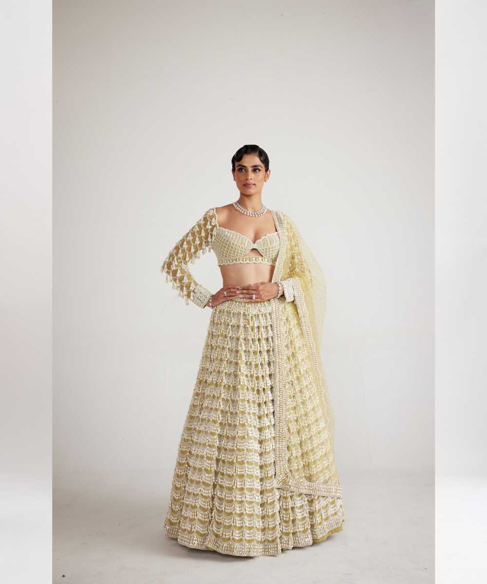 Fern Green Chandelier Pearl Drop Heavy Lehenga Set - Collection name Piroi by Vvani vats