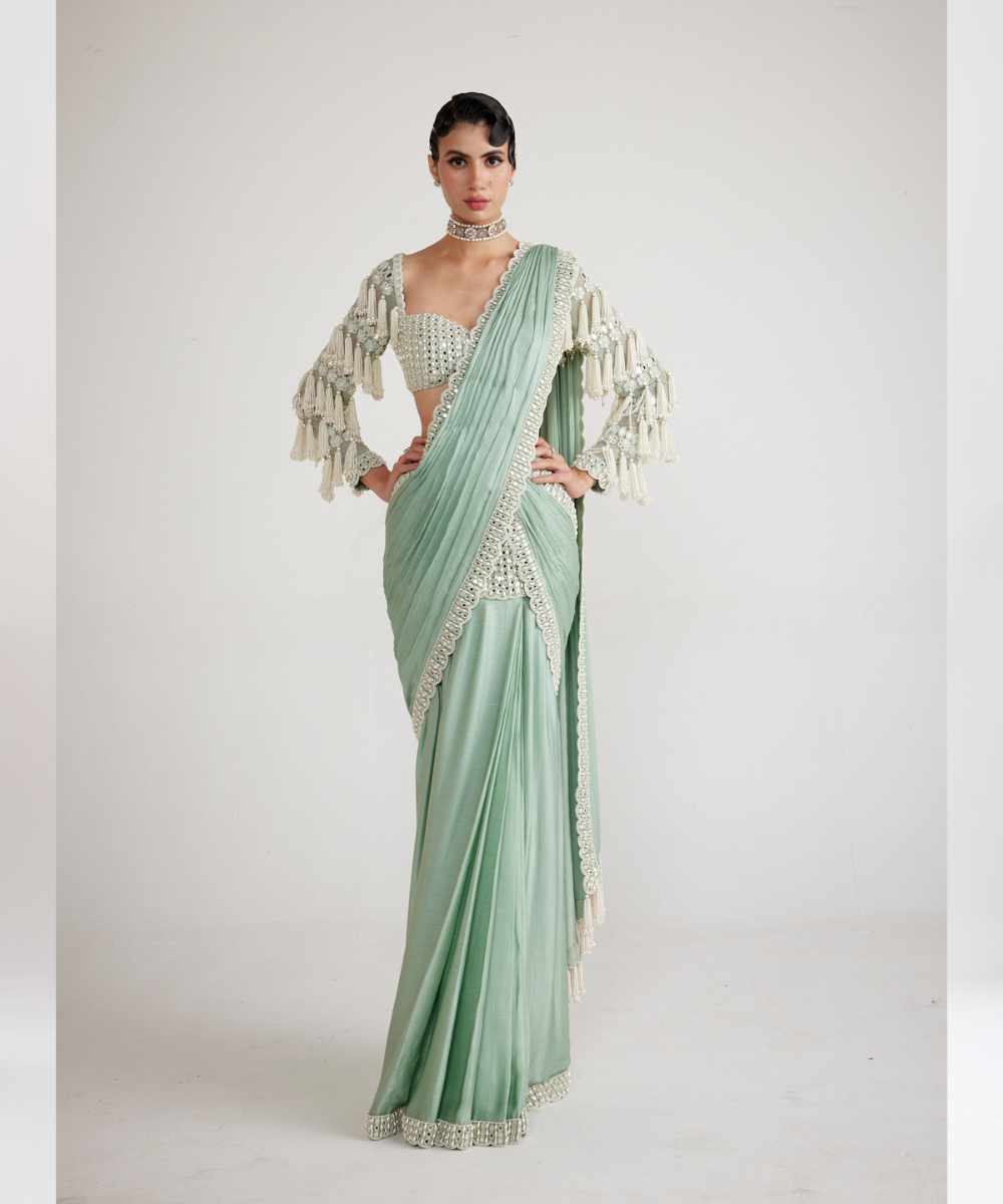Powder Mint Green Chandelier Drop Saree Set -  Collection name Piroi by Vvani vats