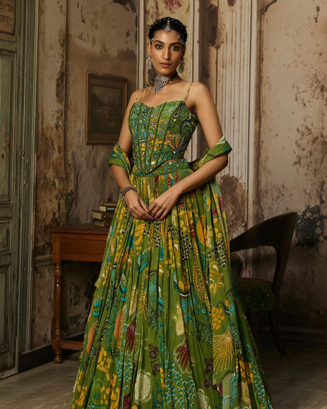 Diya Rajvvir - Pear Green Printed And Highlighted Corset Lehenga Set from Bahaar